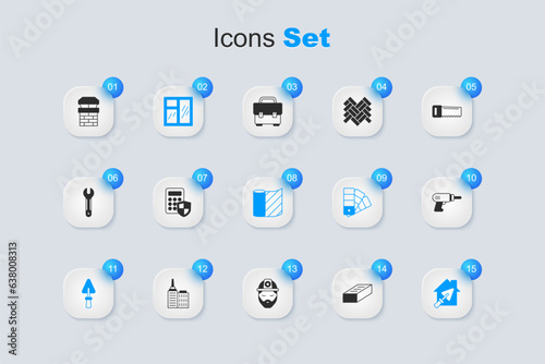 Set Brick, Security keypad access panel, Window in room, Trowel, House with trowel, Electric drill machine, Chimney and Wallpaper icon. Vector