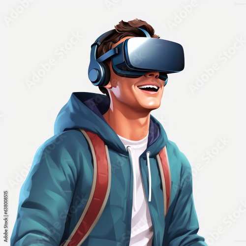 Young man wearing virtual reality glasses on white background