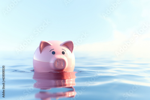 Piggy bank floating in water. Losing savings. Unstable economy, recession concept. 