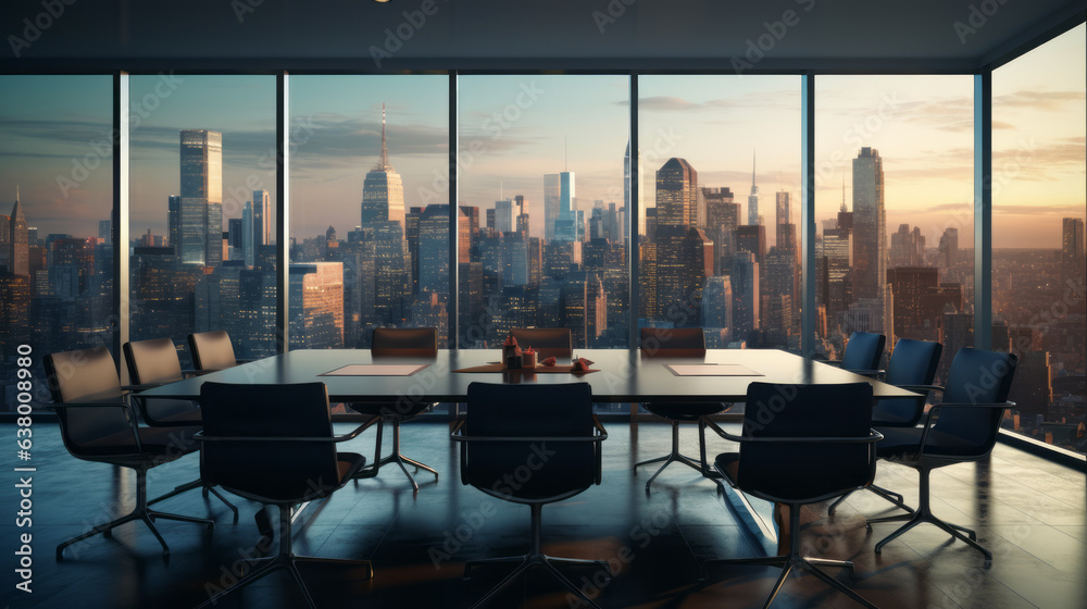 Fototapeta premium A conference room with a view of a cityscape
