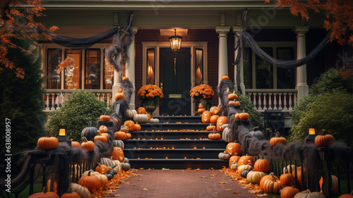 Spooky scary halloween party decoration house on backyard of cottage  Holiday seasonal jack o lanterns  web  ghost toys. 