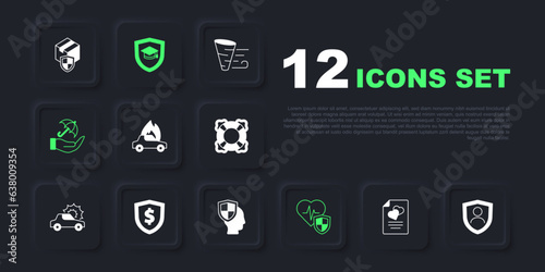 Set Marriage contract, Life insurance with shield, Burning car, Umbrella hand, Shield dollar, Graduation cap and icon. Vector