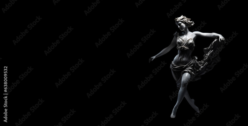 Marble Greek Goddess on a black background with copy space.
