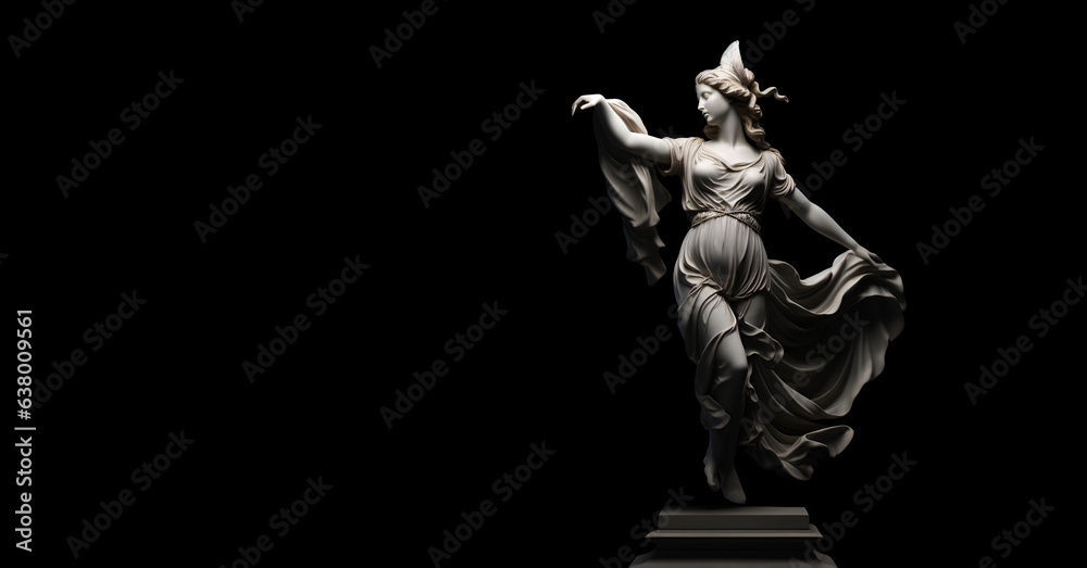 Marble Greek Goddess on a black background with copy space. - obrazy, fototapety, plakaty 