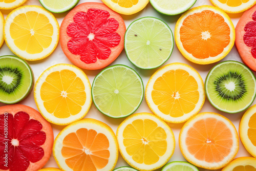 Vivid close-up showcases an array of fruit slices meticulously arranged in a harmonious pattern, celebrating the vibrant hues and textures of nature's bounty