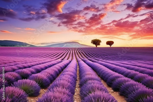 The lavender field stretches endlessly  bathed in the warm glow of a summer sunset. Hues of purple blend with the golden horizon  crafting a tranquil and picturesque landscape