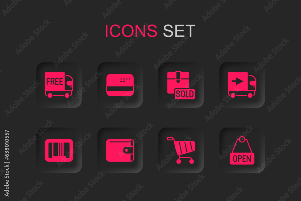 Set Wallet, Credit card, Free delivery service, Shopping cart, Delivery cargo truck, Hanging sign with text Open, Sold and Barcode icon. Vector Set Wallet, Credit card, Free delivery service, Shopping cart, Delivery cargo truck, Hanging sign with text Open, Sold and Barcode icon. Vector