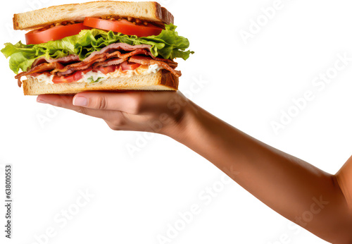 Hand holding delicious BLT Sandwich, bacon, lettuce, tomato, subway, PNG, Transparent, isolate.