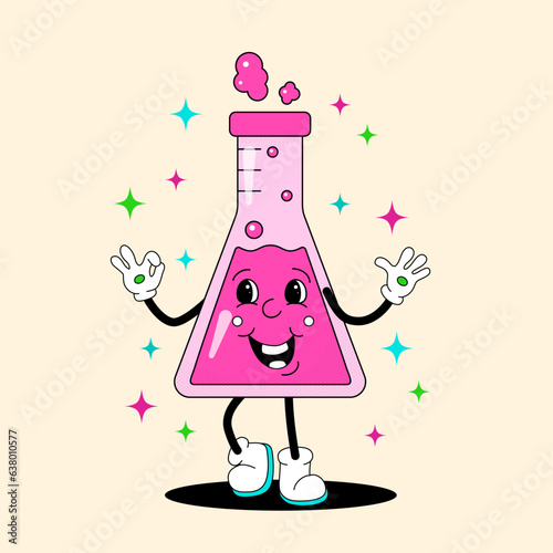 Comic flat magenta Flask with face on decorated background. Vector cartoon laboratory equipment illustration in retro style. Square image of cute school supply character with smile for banner or sign