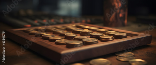 Treasure Trove of Coins on Wooden Board Generative ai