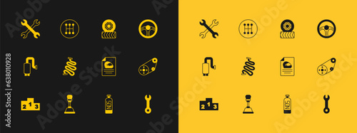 Set Racing steering wheel, Gear shifter, helmet, Nitrous oxide, track, Car tire, Wrench spanner and icon. Vector