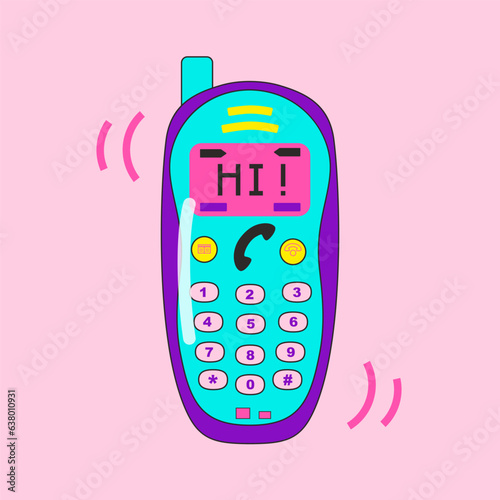Retro flat cell phone with antenna on pink square background. Portable mobile push button device in vintage style. Positive illustration of cute old style mobile telephone for banner or advertising