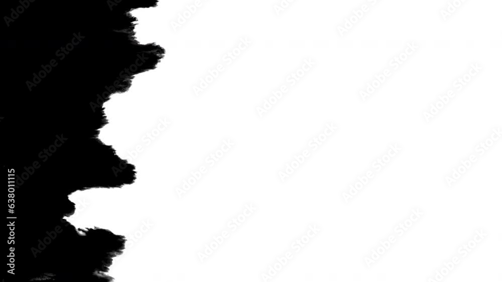 Black ink artistic abstract grunge background flow from left splatter spots spills white paper beautiful reveal dripping streaks spread fluid ink alpha matte isolated watercolor ink drops transition	