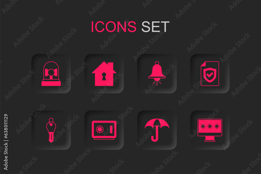 Set Safe, House under protection, Ringing alarm bell, Umbrella, Contract with shield, Monitor password, and Key icon. Vector Set Safe, House under protection, Ringing alarm bell, Umbrella, Contract with shield, Monitor password, and Key icon. Vector