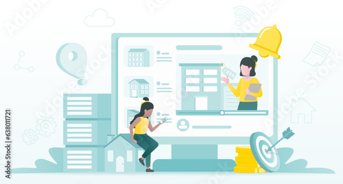 Searching for houses, condominiums in the real estate market. Influencer help and support on online platform. A video advertising promotion a room. Flat vector design illustration.