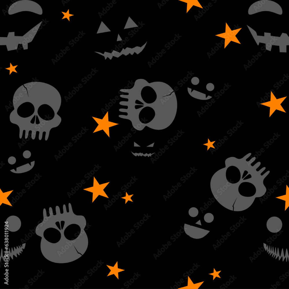 Halloween Vectors set. Halloween seamless pattern. Skeleton Skull of death, the smile of pumpkin, graveyard, witches, bat. and all with orange stars. Pattern for print on fabric and silk.