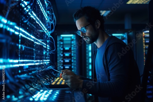 An Expert Engineer in data center server room connecting cables in server cabinet