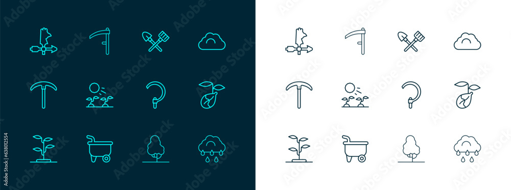 Set line Cloudy weather, Wheelbarrow, Sickle, Fruit tree, Plant sprouts grow in sun, Shovel and rake, Rooster vane and Scythe icon. Vector Set line Cloudy weather, Wheelbarrow, Sickle, Fruit tree, Plant sprouts grow in sun, Shovel and rake, Rooster vane and Scythe icon. Vector