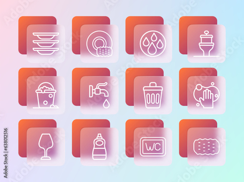 Set line Toilet bowl, Dishwashing liquid bottle, Trash can, Water tap, drop, Washing dishes and icon. Vector