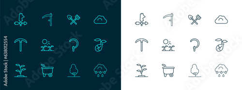 Set line Cloudy weather, Wheelbarrow, Sickle, Fruit tree, Plant sprouts grow in sun, Shovel and rake, Rooster vane and Scythe icon. Vector