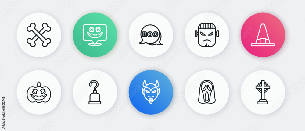 Set line Devil head, Witch hat, Pumpkin, Funny and scary ghost mask, Frankenstein face, Boo speech bubble, Tombstone with cross and Pirate hook icon. Vector Set line Devil head, Witch hat, Pumpkin, Funny and scary ghost mask, Frankenstein face, Boo speech bubble, Tombstone with cross and Pirate hook icon. Vector