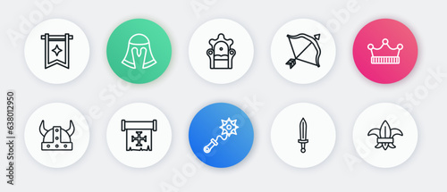 Set line Mace with spikes, King crown, Viking horned helmet, Medieval sword, bow and arrow, throne, Fleur de lys lily flower and Crusade icon. Vector