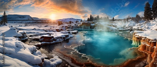 A mesmerizing view of geothermal springs, their vibrant mineral-rich colors contrasting with the icy surroundings. Wallpaper, card, gorgeous background. Generative AI. 