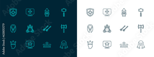 Set line Battle hammer, King crown, Medieval arrows, Princess or queen, Castle tower, Shield and Crusade icon. Vector