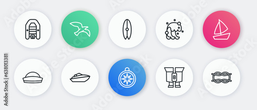 Set line Compass, Yacht sailboat, Sailor hat, Binoculars, Tsunami, Surfboard, Nautical rope knots and Speedboat icon. Vector