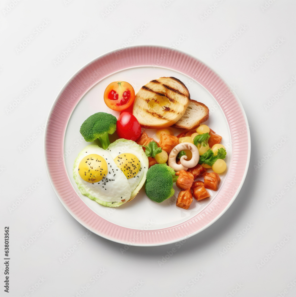 Dish with brioche bread, fried egg, avocado, broccoli, cauliflower, cherry tomatoes, halloumi cheese, cilantro and tzatziki sauce. Dish with brioche bread, fried egg, avocado, broccoli, cauliflower, cherry tomatoes, halloumi cheese, cilantro and tzatziki sauce.