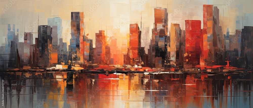 An abstract oil portrayal of a city skyline, with bold, upward strokes suggesting skyscrapers, bathed in the warm hues of a setting sun. Oil paint. Generative AI. 
