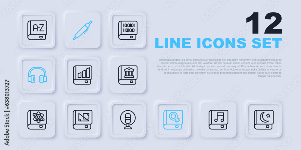 Set line Audio book, Holy of Koran, Financial, Book about women, Headphones, geometry, Pen and Microphone icon. Vector