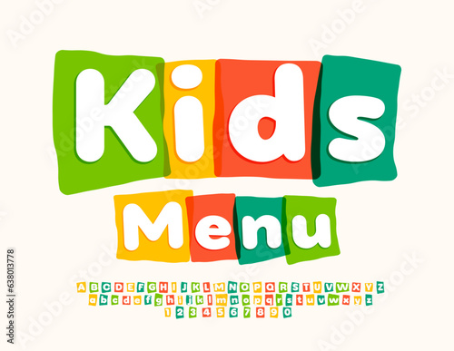 Vector artistic emblem Kids Menu. Watercolor Alphabet Letters and Numbers set. Bright creative Font