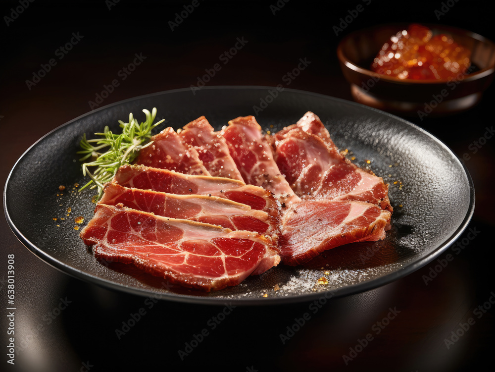 Dish with iberico ham cut ready to eat