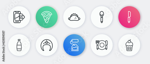 Set line Tea bag, Knife, Bottle of wine, Plate, fork and knife, Spoon, Taco with tortilla, Muffin and Fish steak icon. Vector