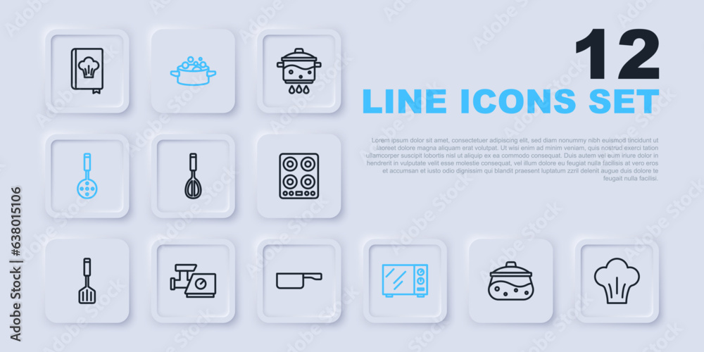Set line Cooking pot, Chef hat, Kitchen whisk, Microwave oven, Spatula, meat grinder, and Frying pan icon. Vector Set line Cooking pot, Chef hat, Kitchen whisk, Microwave oven, Spatula, meat grinder, and Frying pan icon. Vector