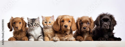 Dogs and cats posing to camera. Different breeds. Pet banner made with Generative AI