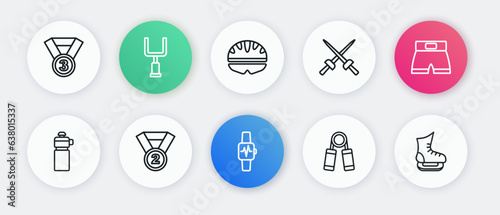 Set line Smart watch with heart, Boxing short, Fitness shaker, Sport expander, Fencing, Bicycle helmet, Skates and Medal icon. Vector