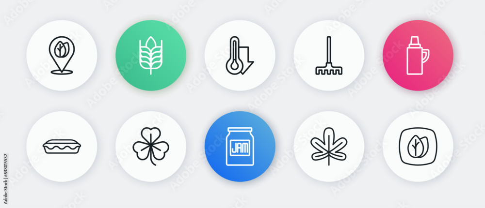 Set line Jam jar, Thermos container, Homemade pie, Chestnut leaf, Garden rake, Thermometer, Leaf and Clover icon. Vector Set line Jam jar, Thermos container, Homemade pie, Chestnut leaf, Garden rake, Thermometer, Leaf and Clover icon. Vector
