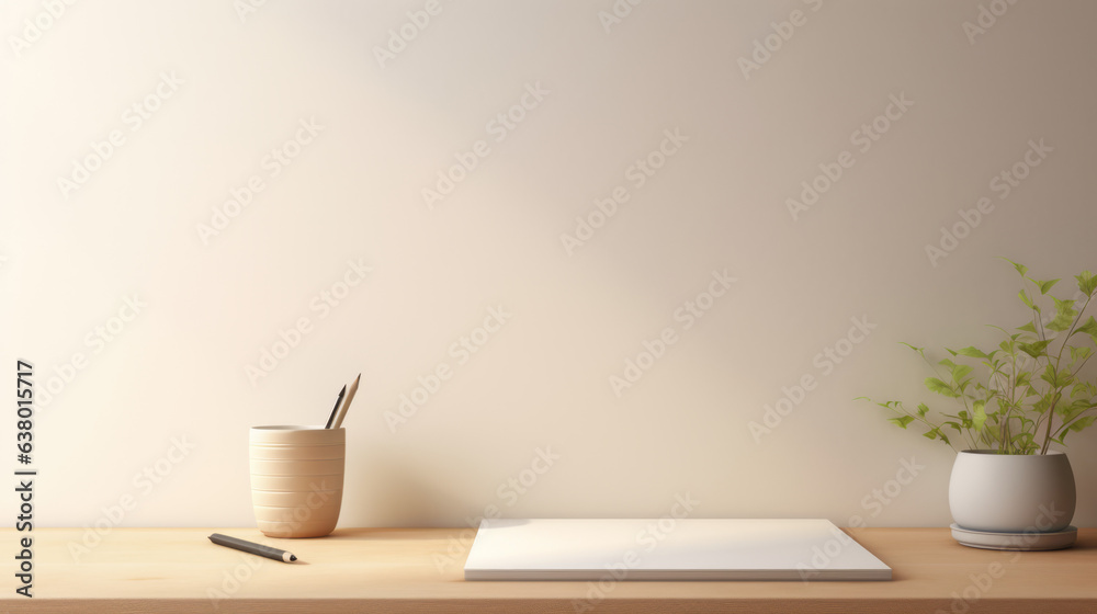 A minimalist desk with a notepad and elegant stationery 