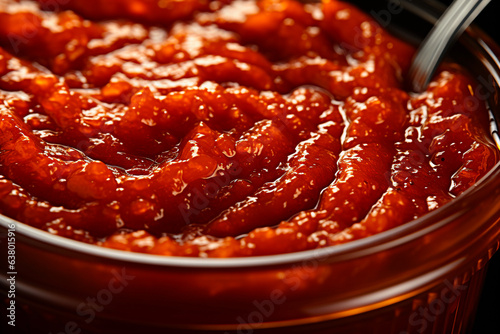 tasty red hot spicy chili sauce texture, top view, close up, created with generative ai photo