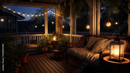 Creating a cozy outside porch environment, cozy seating, night light. Generative AI