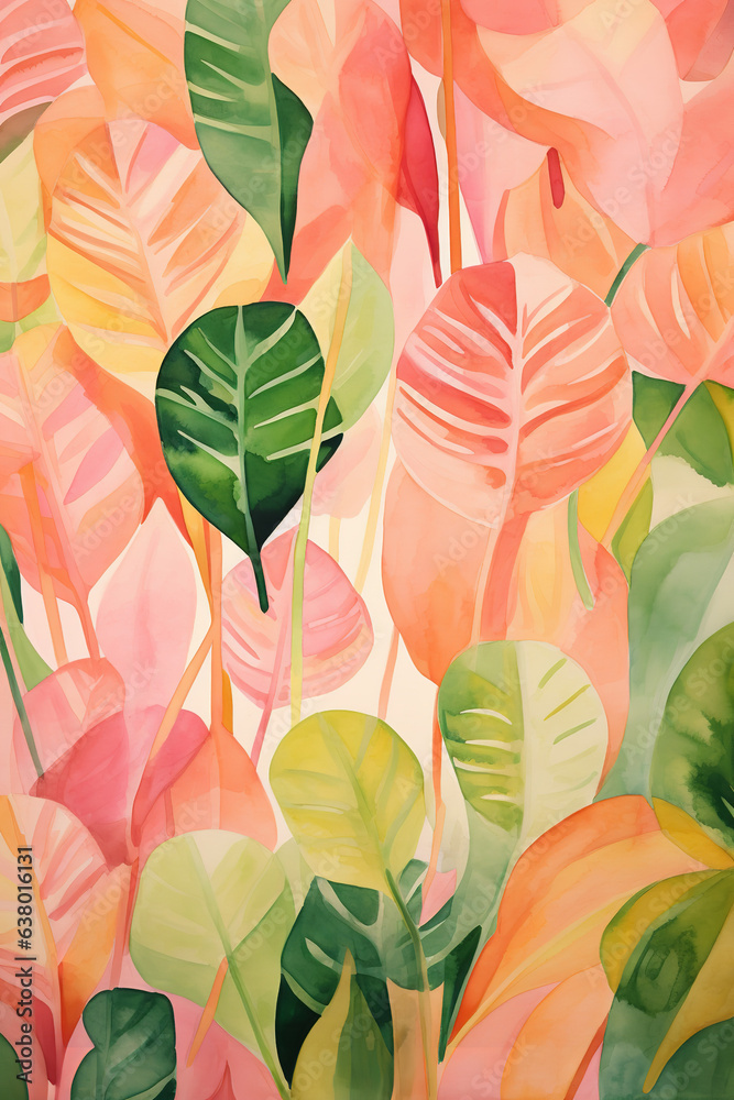 An abstract drawing in watercolor with green leaves, in the style of flat and graphic, chic illustrations, light pink and dark amber, prudence heward, tropical symbolism