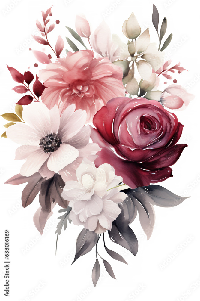 an illustration of a watercolor floral arrangement, in the style of light maroon and dark gray, pastel color scheme, light red and light beige, dark white and dark pink, use of fabric, high resolution