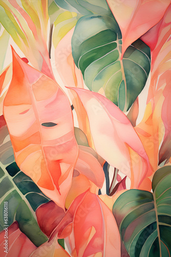 An abstract drawing in watercolor with green leaves, in the style of flat and graphic, chic illustrations, light pink and dark amber, prudence heward, tropical symbolism photo