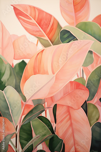An abstract drawing in watercolor with green leaves, in the style of flat and graphic, chic illustrations, light pink and dark amber, prudence heward, tropical symbolism