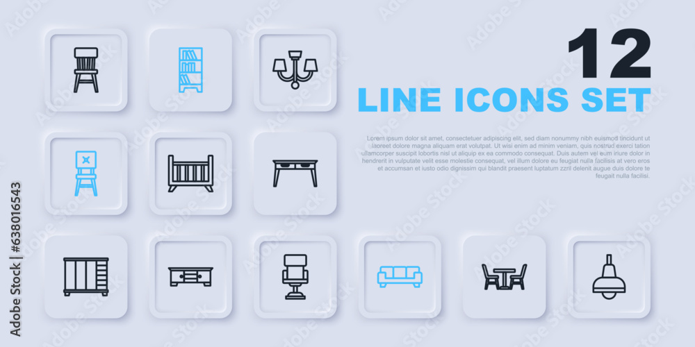 Set line Table with chair, Lamp hanging, Baby crib cradle bed, Sofa, Chair, TV table stand, Library bookshelf and Office icon. Vector Set line Table with chair, Lamp hanging, Baby crib cradle bed, Sofa, Chair, TV table stand, Library bookshelf and Office icon. Vector