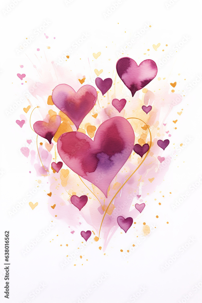 watercolor hearts illustration with gold and purple hearts, in the style of lively brushwork, dark pink and light amber, pleasing sense of harmony, dynamic still lifes, illustration, vale