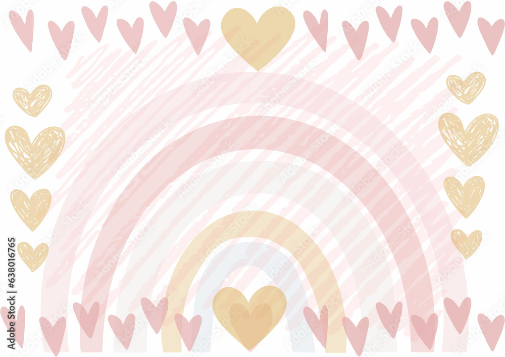 Fantasy background with clouds on a rainbow sky. Magic landscape, abstract fairy tale wallpaper with rainbow and hearts and sparkles. Arched realistic spectrum. Fantasy background with clouds on a rainbow sky. Magic landscape, abstract fairy tale wallpaper with rainbow and hearts and sparkles. Arched realistic spectrum.