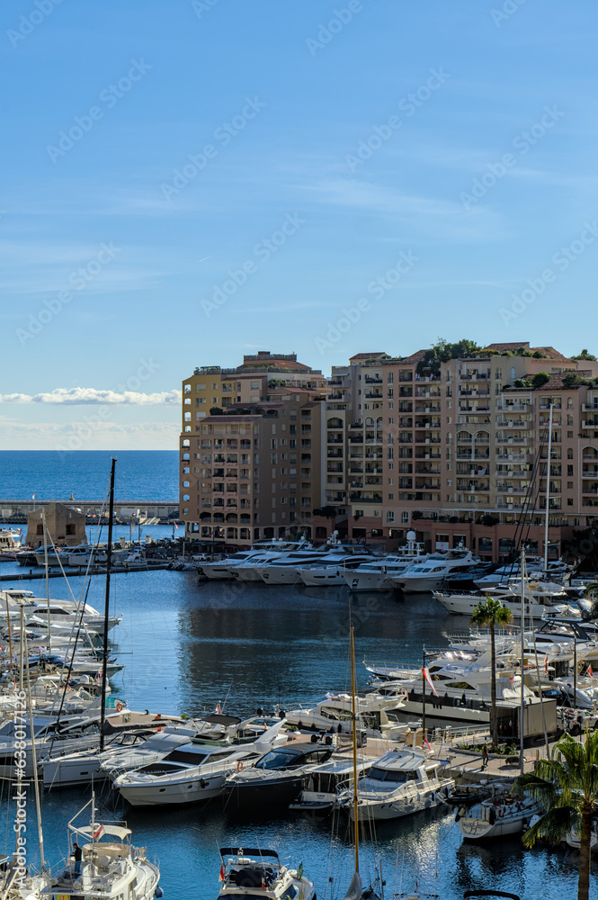 View on port de Fontvieille with residential buildings in Monaco